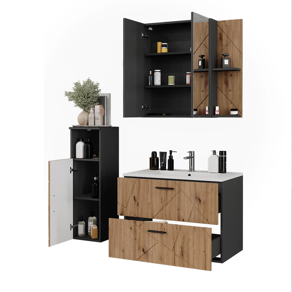 Badmöbel-Set in Anthrazit/Artisan auf weißem Hintergrund mit dekorativen Elementen