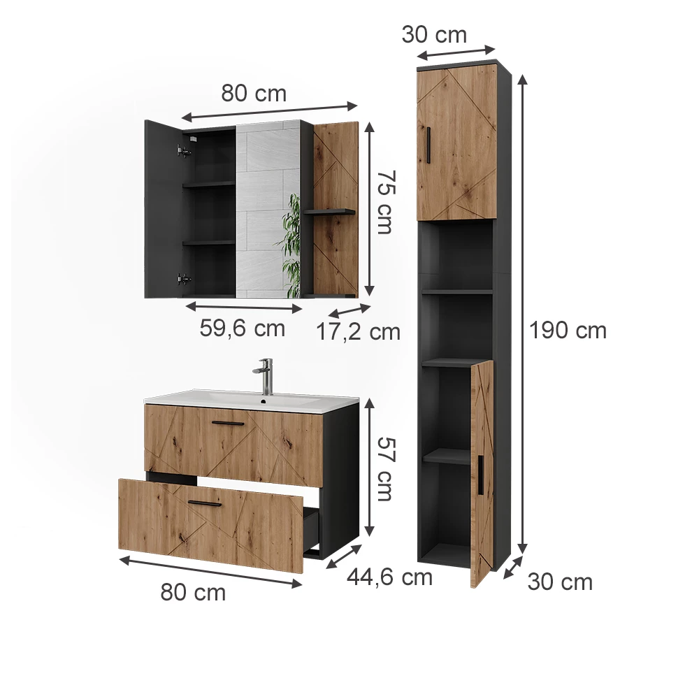 Set di mobili da bagno in Antracite/Artisan su sfondo bianco con dimensioni visibili