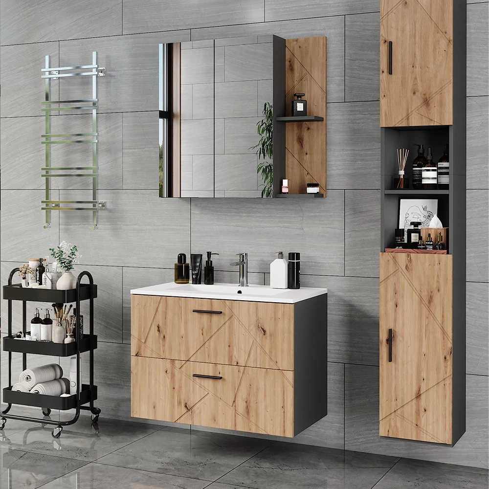 Set di mobili da bagno in Antracite/Artisan, mostrato in un ambiente ambientale con decorazioni