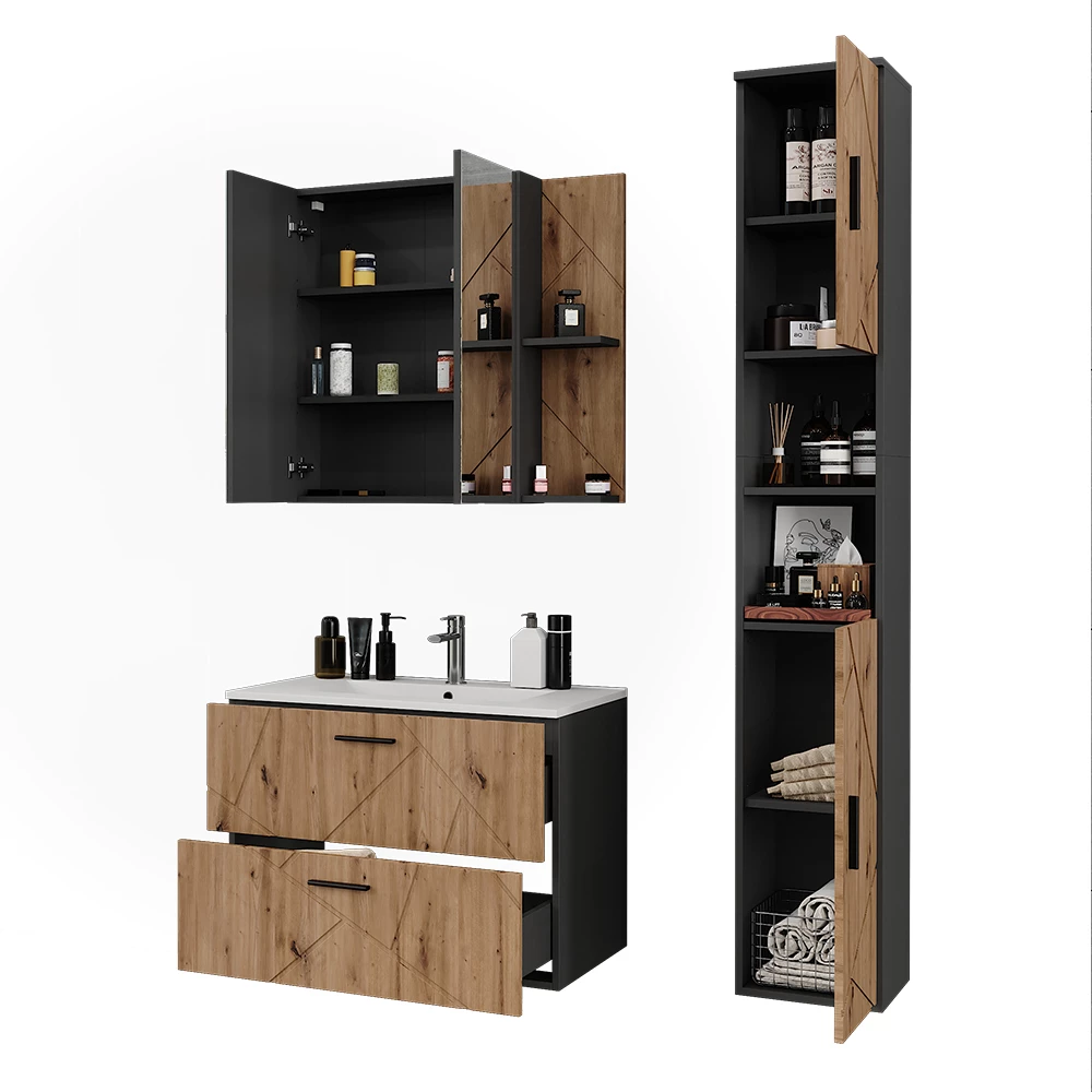 Set di mobili da bagno in Antracite/Artisan su sfondo bianco con elementi decorativi