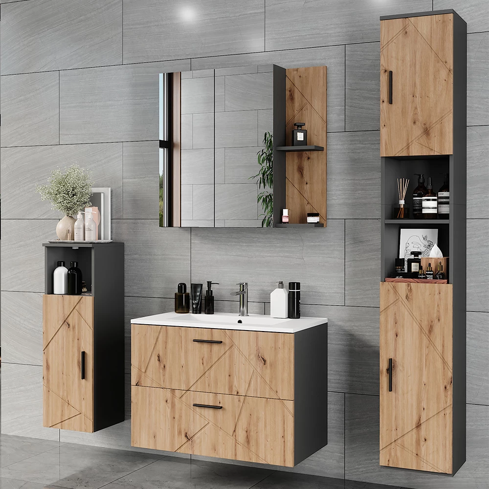Badkamermeubelset in Antraciet/Artisan, getoond in een sfeervolle omgeving met decoratie