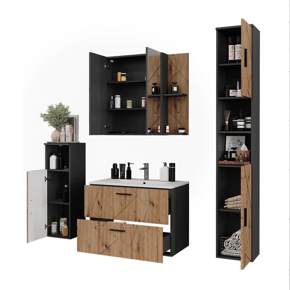 Badkamermeubelset in Antraciet/Artisan op een witte achtergrond met decoratieve elementen