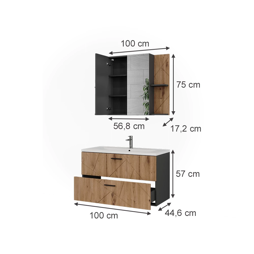 Badmöbel-Set in Anthrazit/Artisan auf weißem Hintergrund mit sichtbaren Maßen