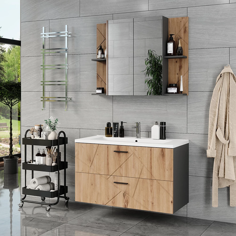 Badmöbel-Set in Anthrazit/Artisan, dargestellt im Ambiente mit Dekoration