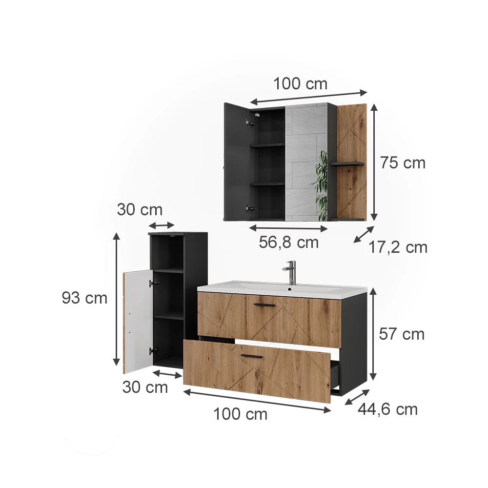 Badmöbel-Set in Anthrazit/Artisan auf weißem Hintergrund mit sichtbaren Maßen