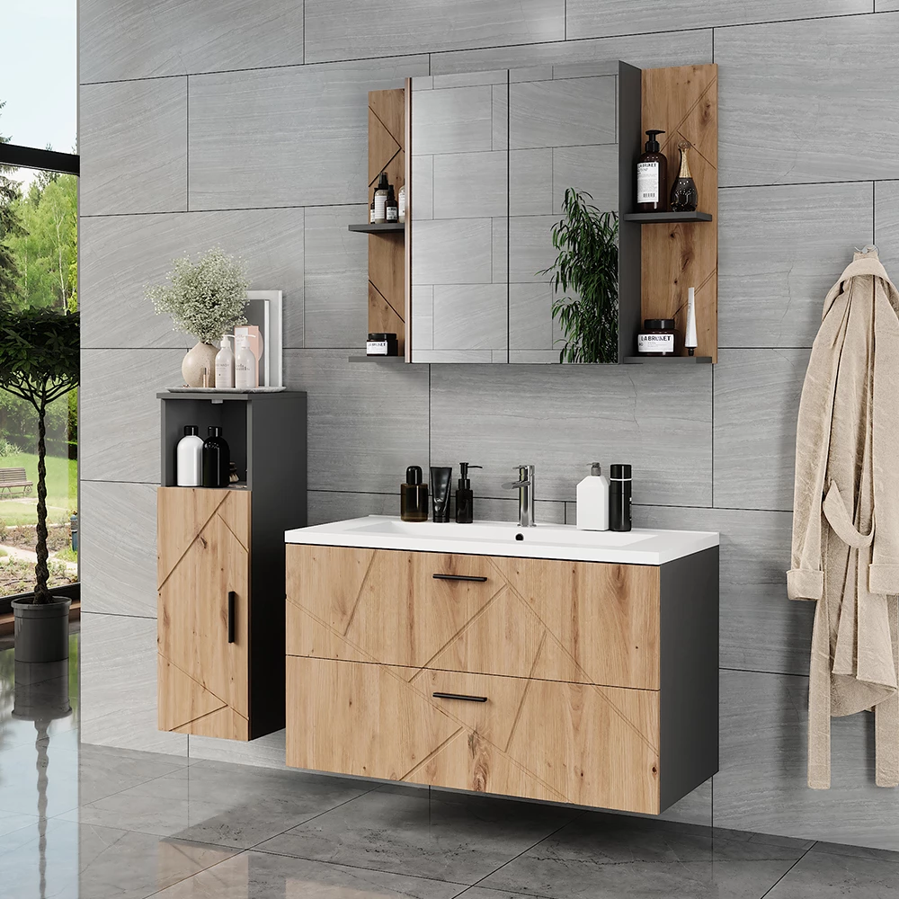 Badmöbel-Set in Anthrazit/Artisan, dargestellt im Ambiente mit Dekoration