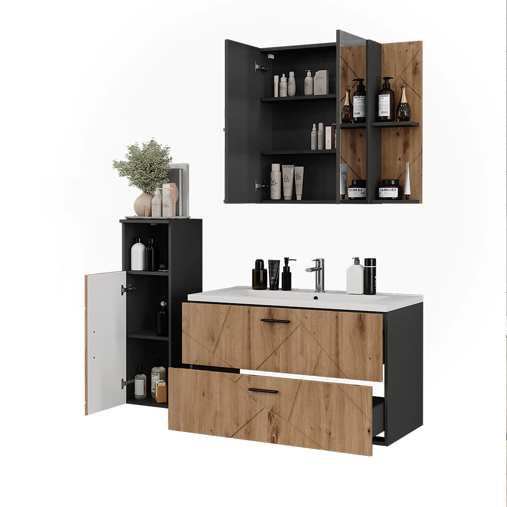 Badmöbel-Set in Anthrazit/Artisan auf weißem Hintergrund mit dekorativen Elementen