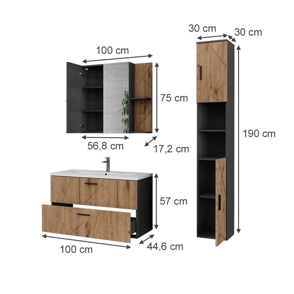 Set di mobili da bagno in Antracite/Artisan su sfondo bianco con dimensioni visibili