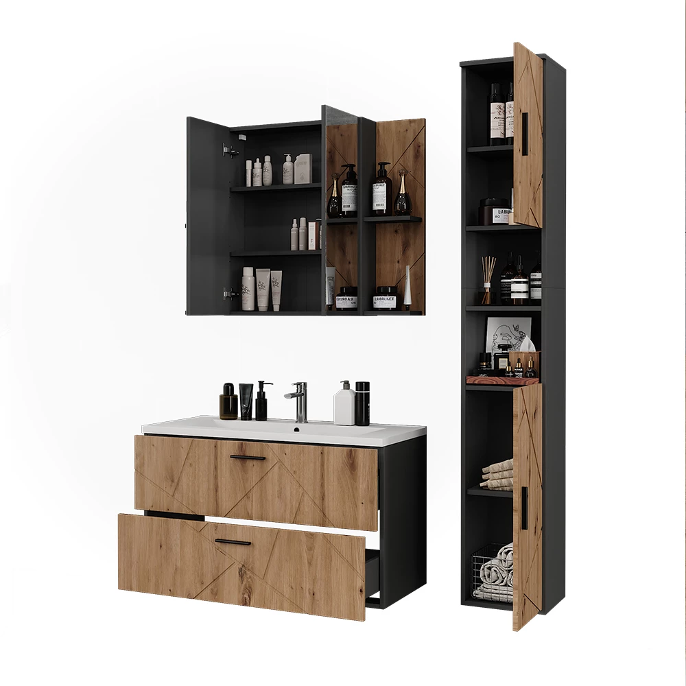 Set di mobili da bagno in Antracite/Artisan su sfondo bianco con elementi decorativi