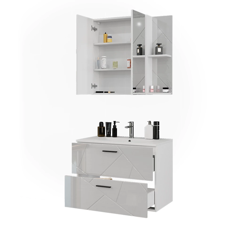 Badkamermeubelset in Wit/wit hoogglans op een witte achtergrond met decoratieve elementen