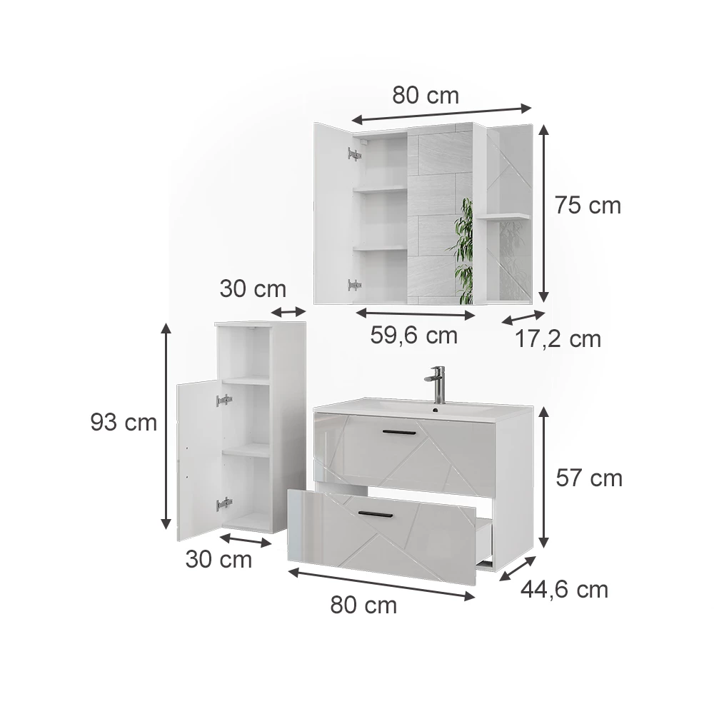 Badmöbel-Set in Weiß/Weiß Hochglanz auf weißem Hintergrund mit sichtbaren Maßen