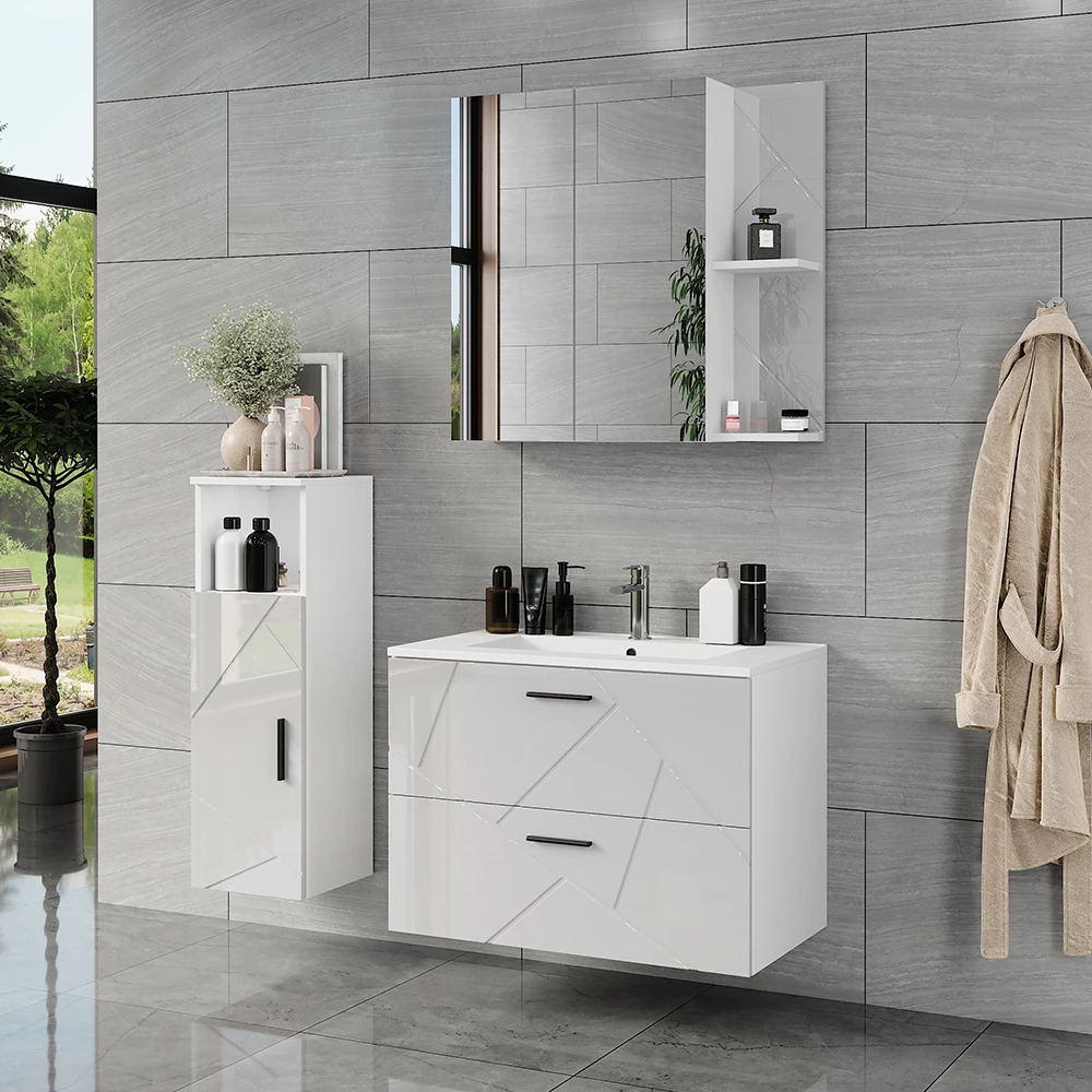 Badmöbel-Set in Weiß/Weiß Hochglanz, dargestellt im Ambiente mit Dekoration