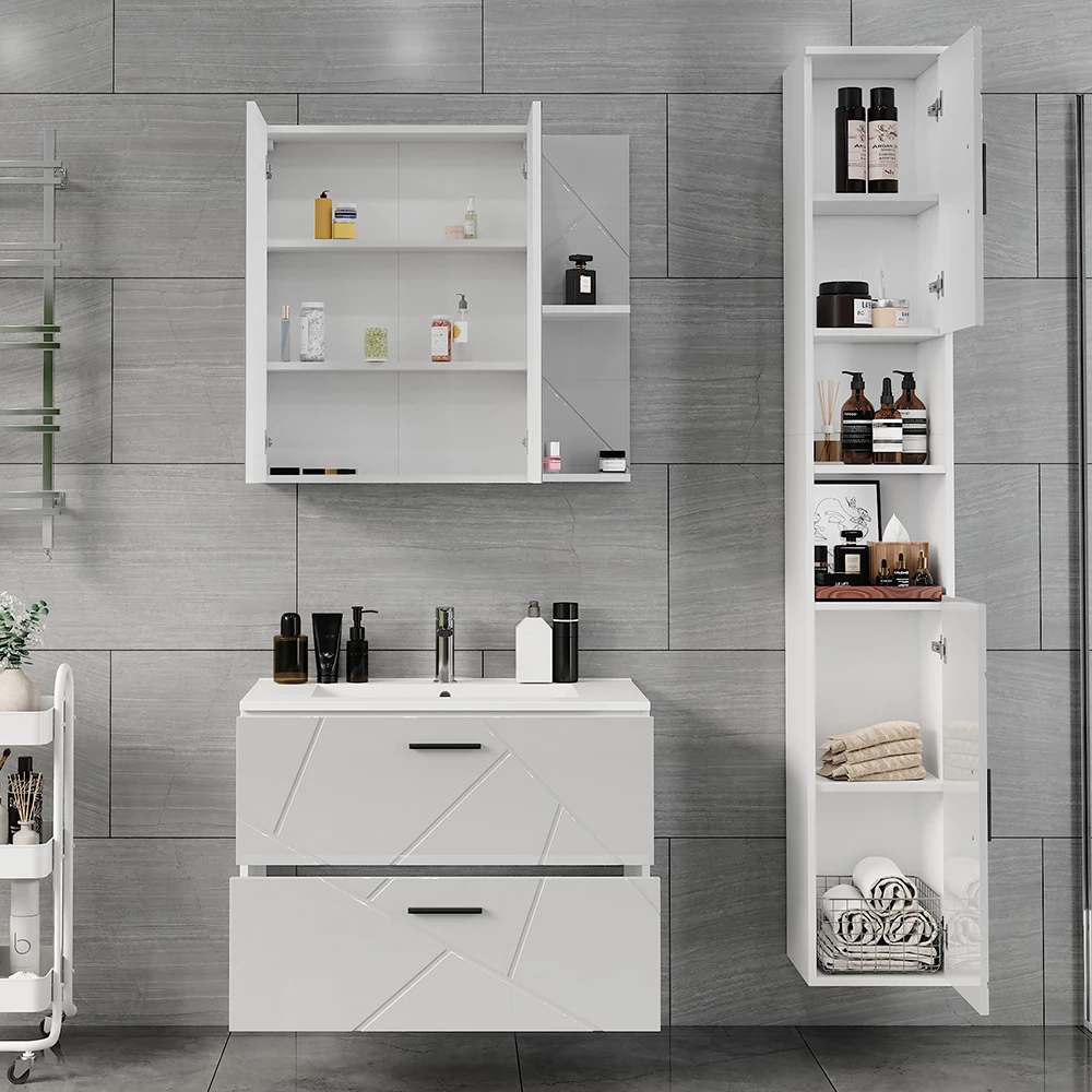 Close-up van Badkamermeubelset in Wit/wit hoogglans, met textuur/details