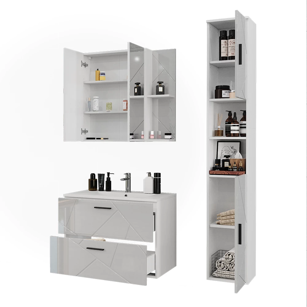 Badkamermeubelset in Wit/wit hoogglans op een witte achtergrond met decoratieve elementen