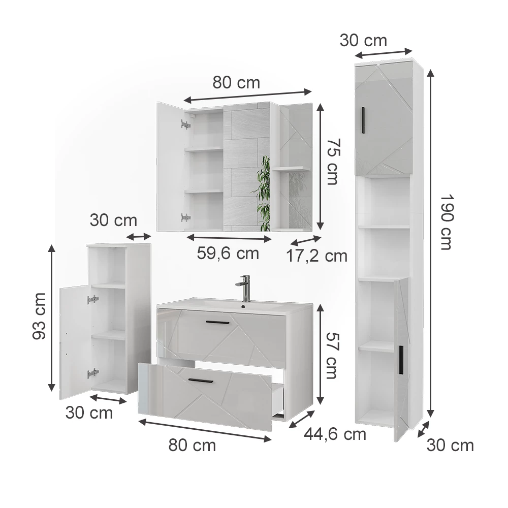Badmöbel-Set in Weiß/Weiß Hochglanz auf weißem Hintergrund mit sichtbaren Maßen