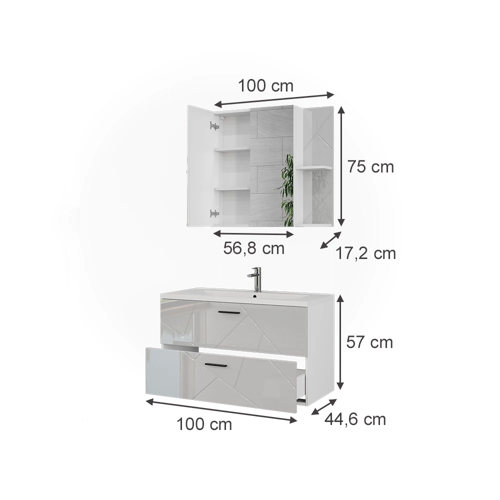Set di mobili da bagno in Bianco/bianco lucido su sfondo bianco con dimensioni visibili