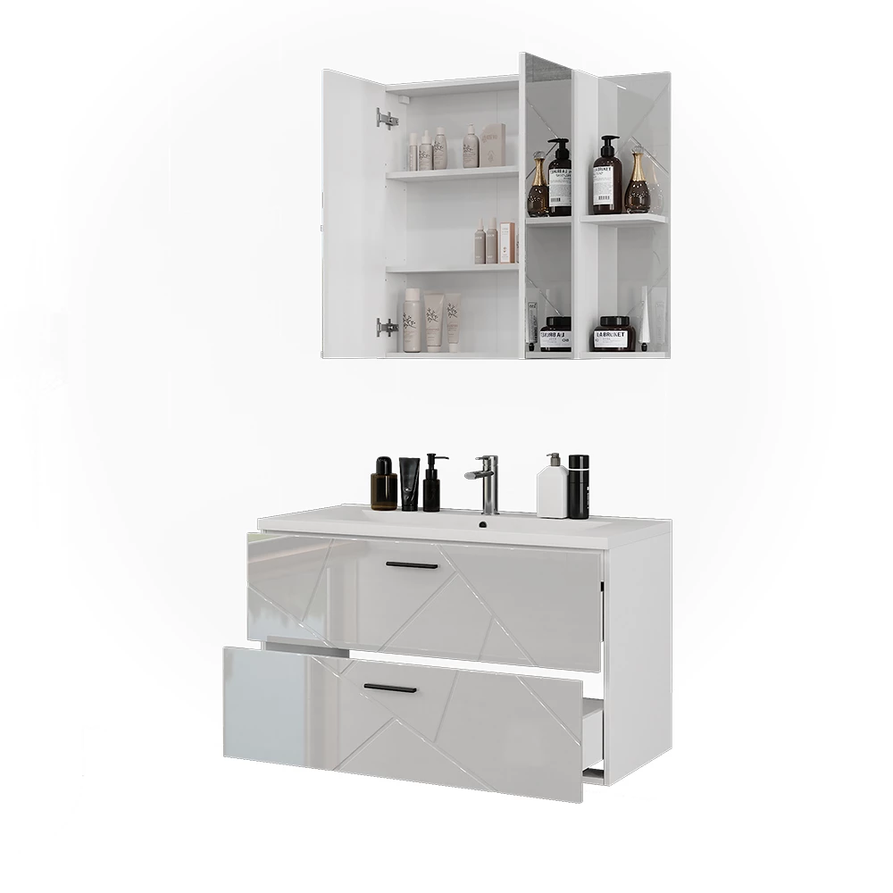 Set di mobili da bagno in Bianco/bianco lucido su sfondo bianco con elementi decorativi