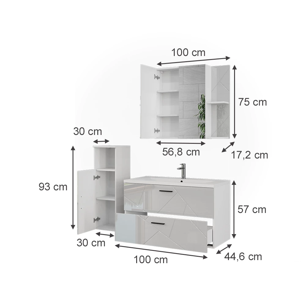 Set di mobili da bagno in Bianco/bianco lucido su sfondo bianco con dimensioni visibili
