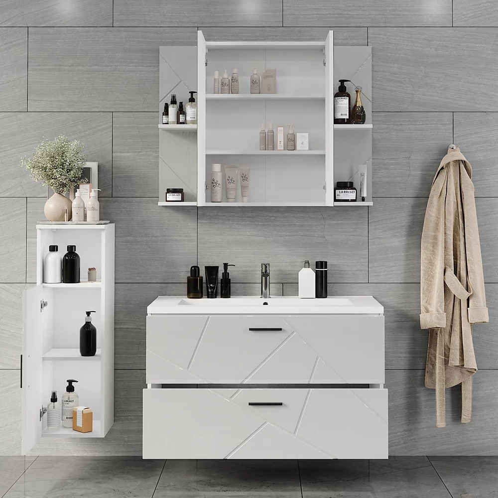 Primo piano di Set di mobili da bagno in Bianco/bianco lucido, mostrando texture/dettagli
