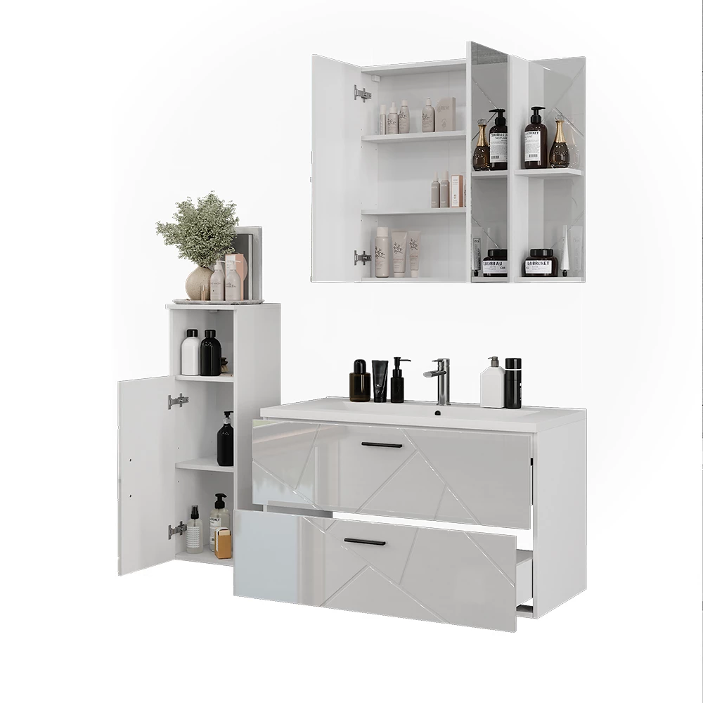Set di mobili da bagno in Bianco/bianco lucido su sfondo bianco con elementi decorativi
