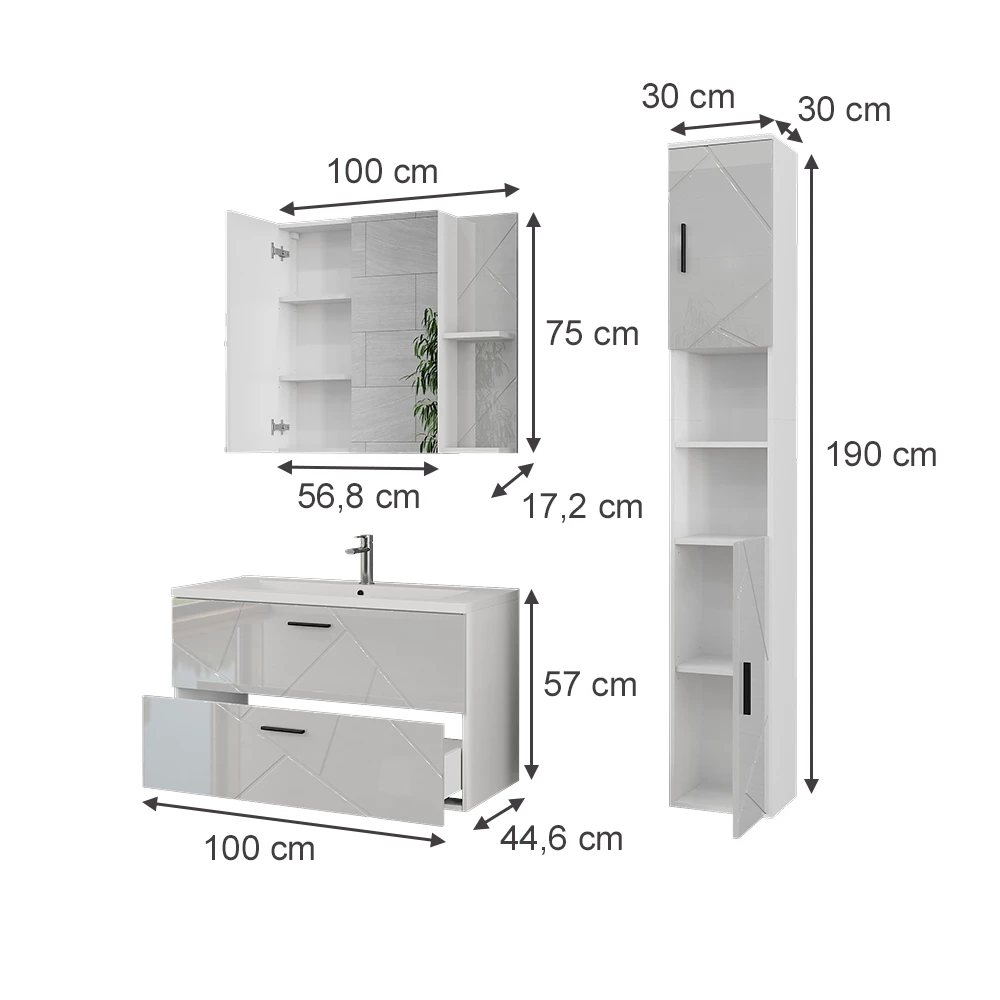 Ensemble de meubles de salle de bains en blanc/blanc brillant sur fond blanc avec dimensions visibles