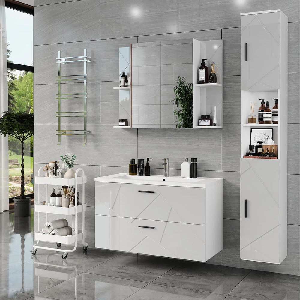 Ensemble de meubles de salle de bains en blanc/blanc brillant, présenté dans un décor ambiant avec décoration
