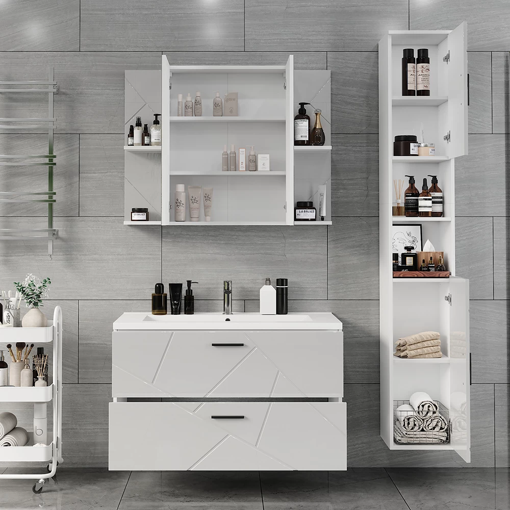 Gros plan de Ensemble de meubles de salle de bains en blanc/blanc brillant, montrant la texture/les détails