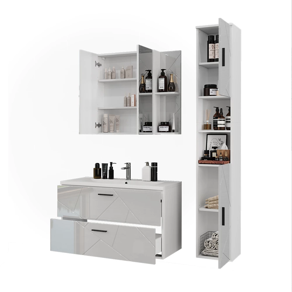 Ensemble de meubles de salle de bains en blanc/blanc brillant sur fond blanc avec des éléments décoratifs