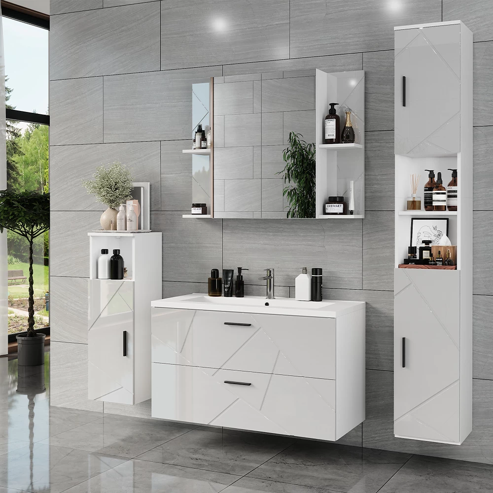 Badkamermeubelset in Wit/wit hoogglans, getoond in een sfeervolle omgeving met decoratie