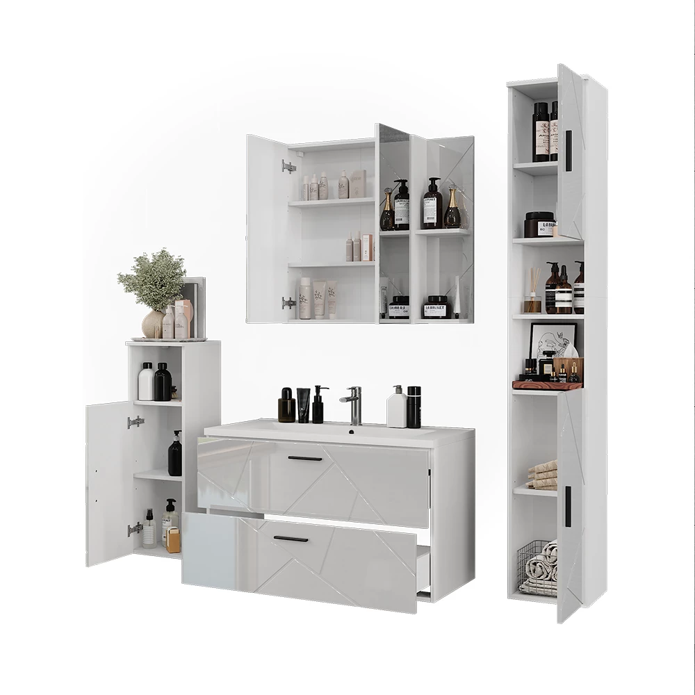 Badkamermeubelset in Wit/wit hoogglans op een witte achtergrond met decoratieve elementen