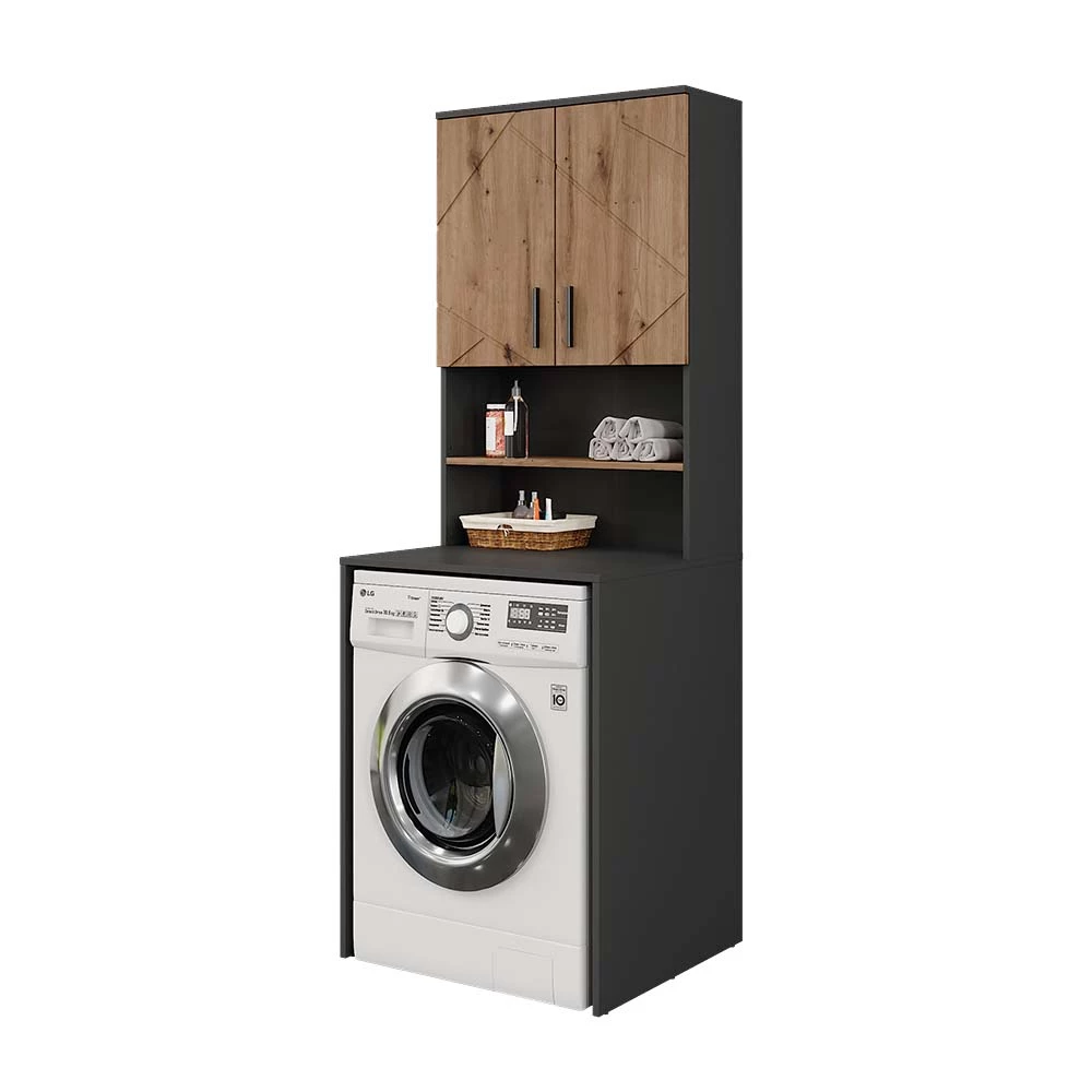 Set di armadietti per lavatrice in Antracite/quercia dorata su sfondo bianco con elementi decorativi