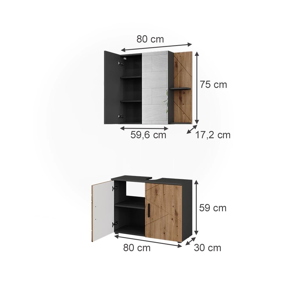 Badmöbel-Set in Anthrazit/Artisan auf weißem Hintergrund mit sichtbaren Maßen