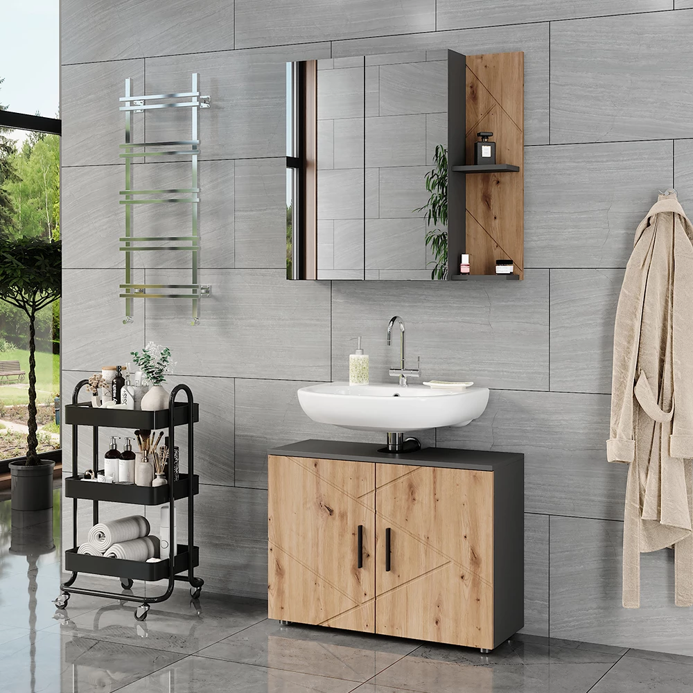 Badmöbel-Set in Anthrazit/Artisan, dargestellt im Ambiente mit Dekoration