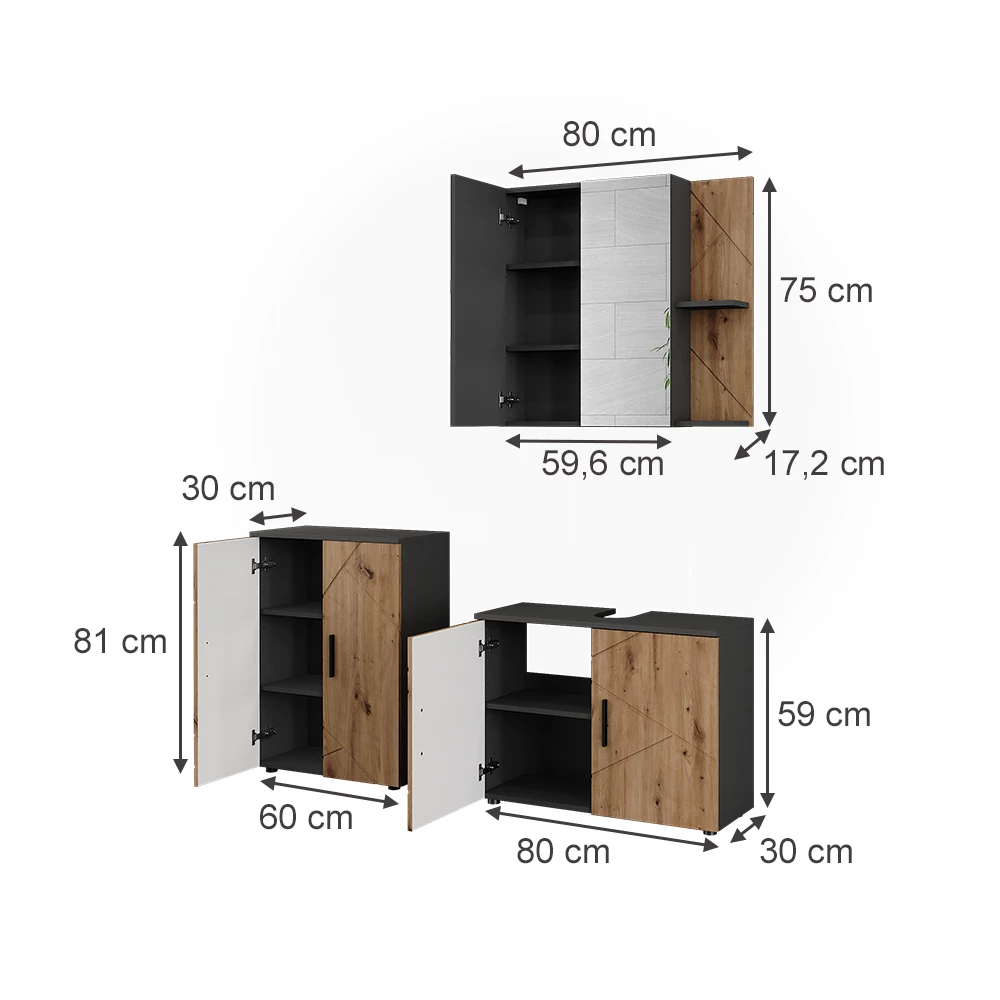 Badmöbel-Set in Anthrazit/Artisan auf weißem Hintergrund mit sichtbaren Maßen