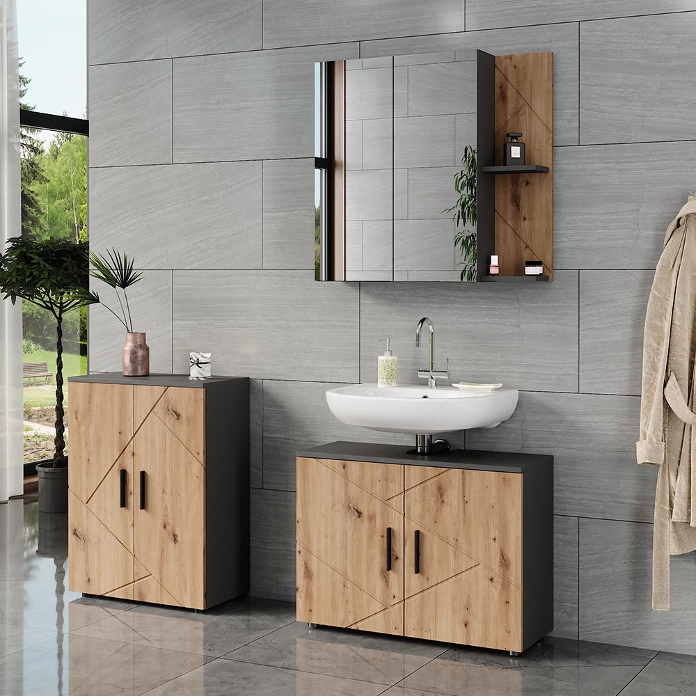 Badmöbel-Set in Anthrazit/Artisan, dargestellt im Ambiente mit Dekoration