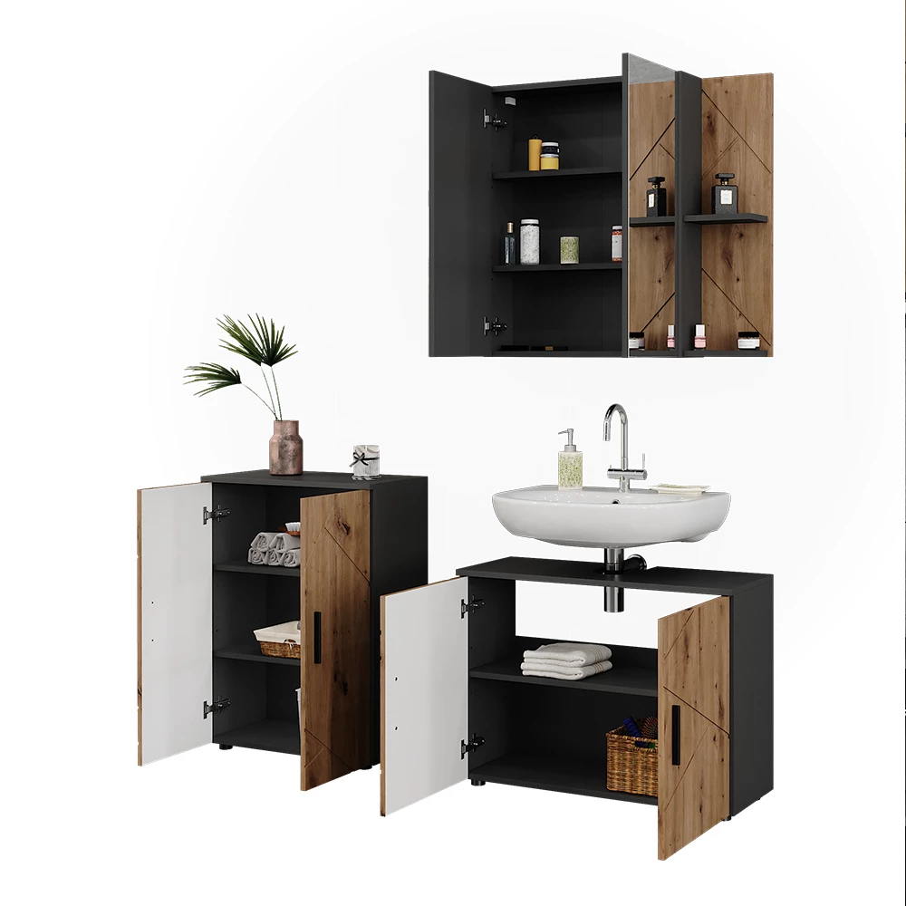 Badmöbel-Set in Anthrazit/Artisan auf weißem Hintergrund mit dekorativen Elementen