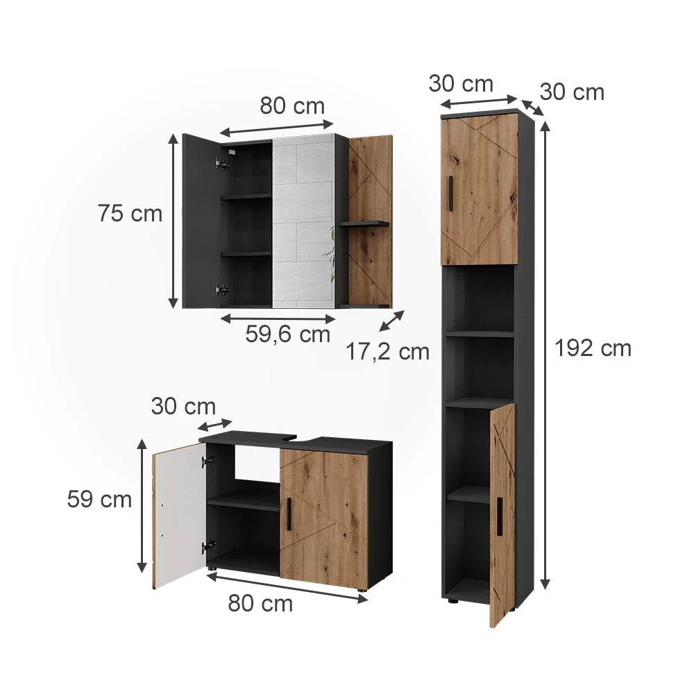 Badmöbel-Set in Anthrazit/Artisan auf weißem Hintergrund mit sichtbaren Maßen