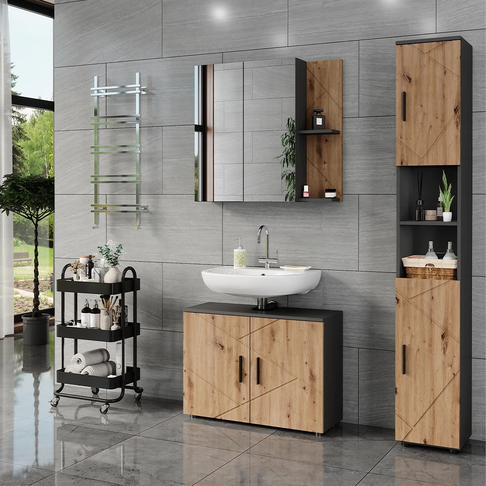 Badmöbel-Set in Anthrazit/Artisan, dargestellt im Ambiente mit Dekoration