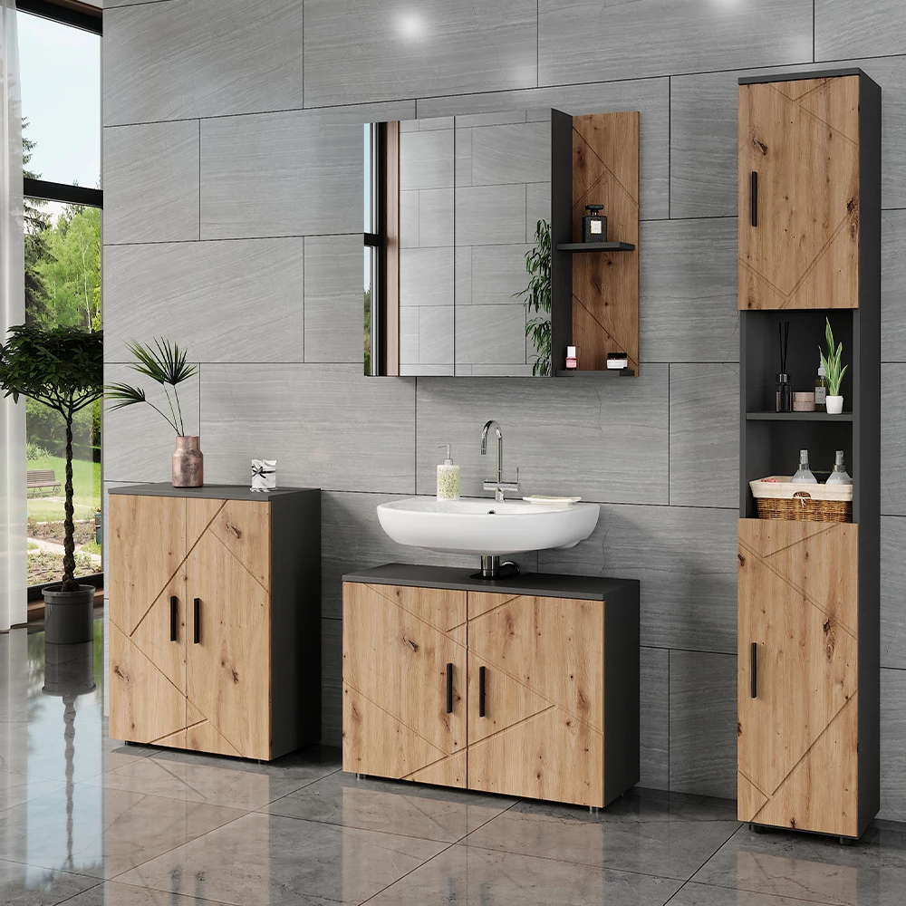 Badkamermeubelset in Antraciet/Artisan, getoond in een sfeervolle omgeving met decoratie