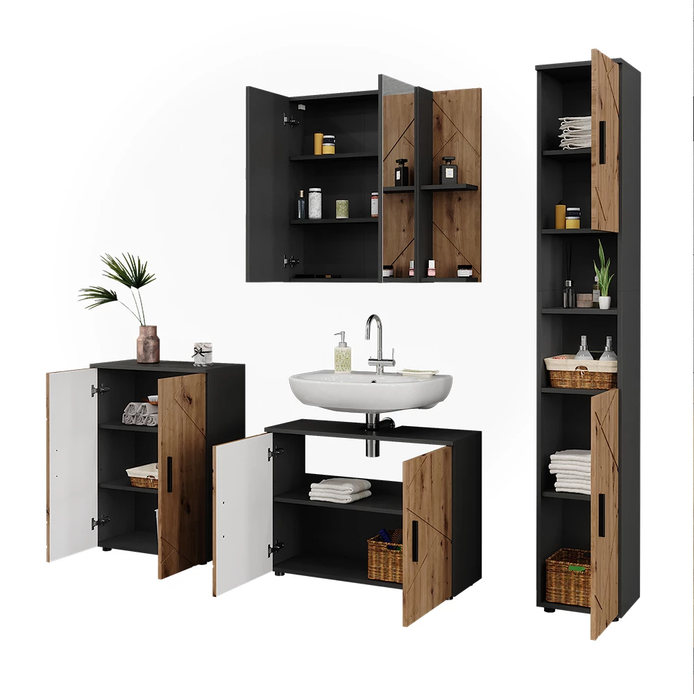 Badkamermeubelset in Antraciet/Artisan op een witte achtergrond met decoratieve elementen