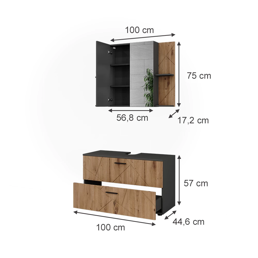 Badmöbel-Set in Anthrazit/Artisan auf weißem Hintergrund mit sichtbaren Maßen