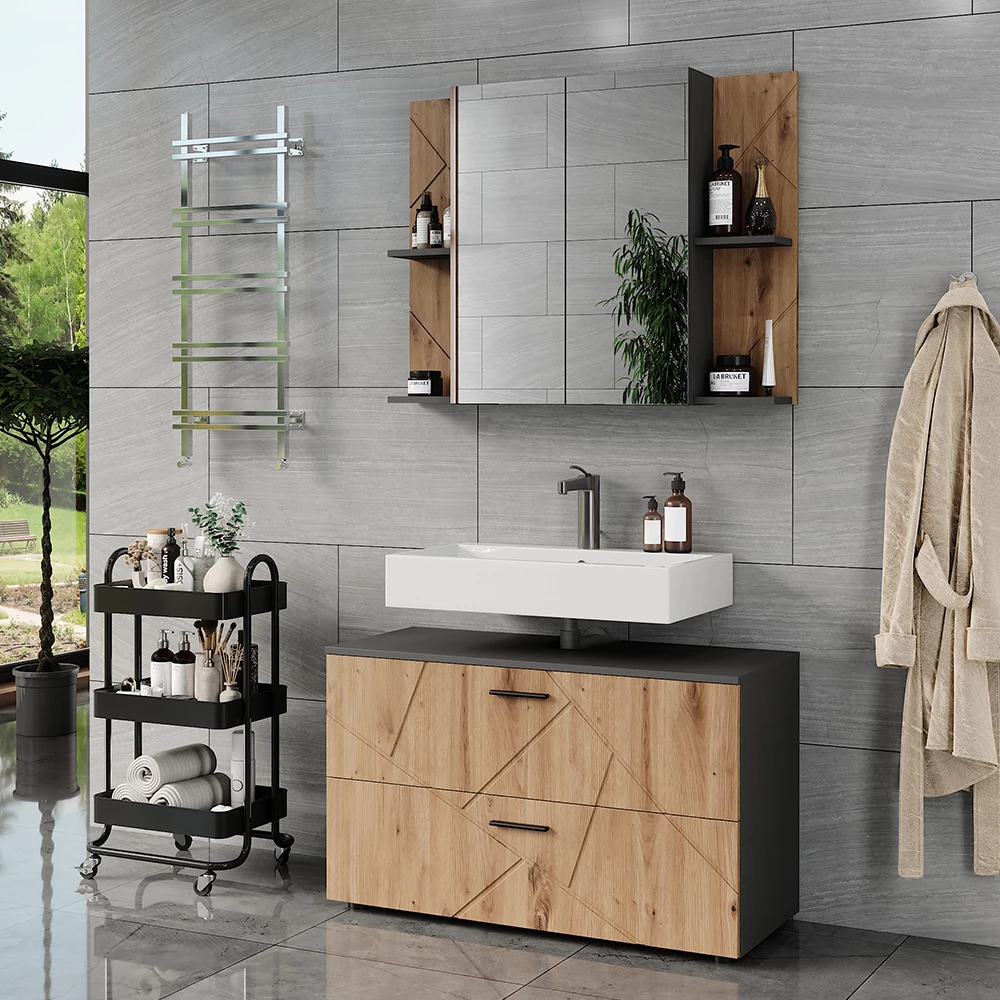 Badmöbel-Set in Anthrazit/Artisan, dargestellt im Ambiente mit Dekoration