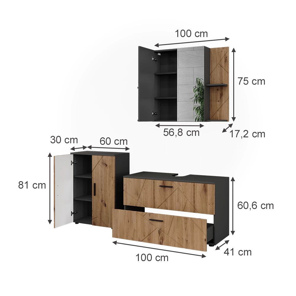 Ensemble de meubles de salle de bains en Anthracite/Artisan sur fond blanc avec dimensions visibles