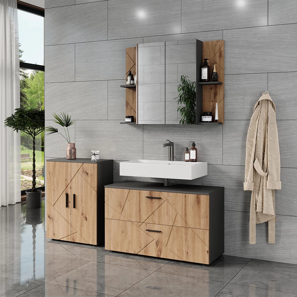 Ensemble de meubles de salle de bains en Anthracite/Artisan, présenté dans un décor ambiant avec décoration