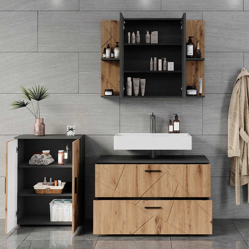 Gros plan de Ensemble de meubles de salle de bains en Anthracite/Artisan, montrant la texture/les détails