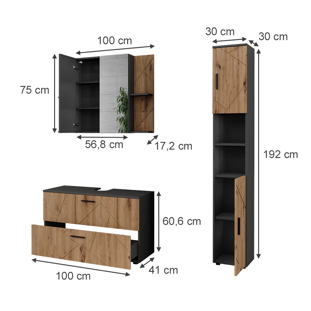 Set di mobili da bagno in Antracite/Artisan su sfondo bianco con dimensioni visibili