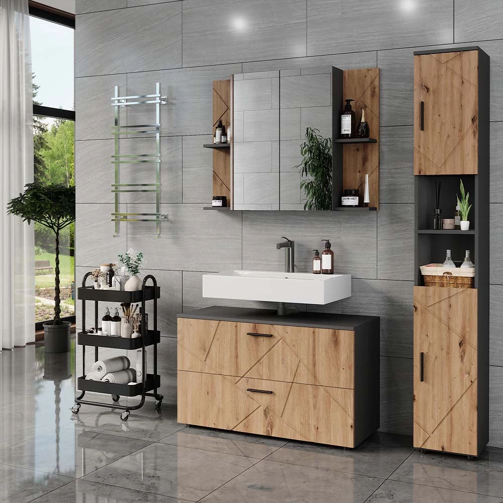 Set di mobili da bagno in Antracite/Artisan, mostrato in un ambiente ambientale con decorazioni