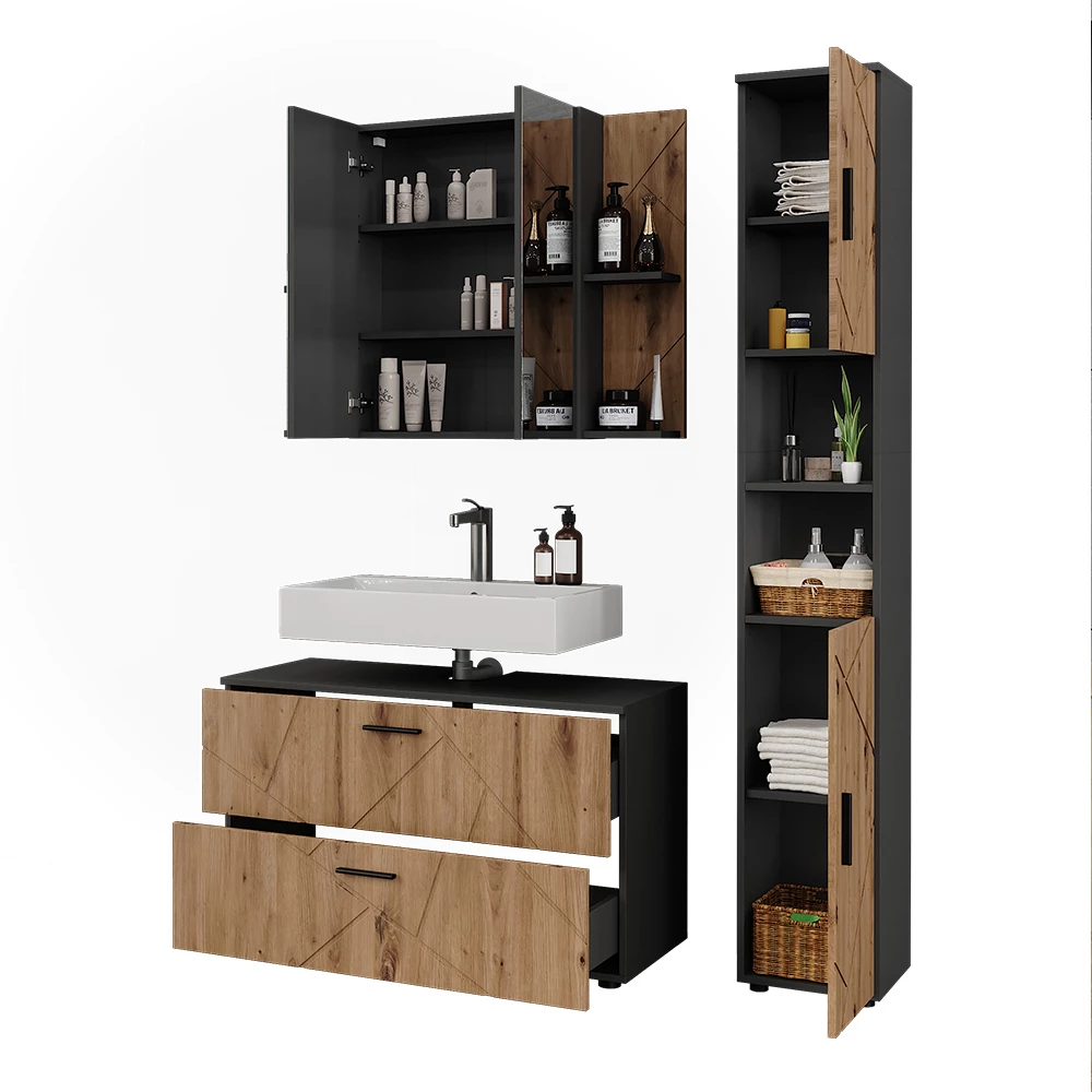 Set di mobili da bagno in Antracite/Artisan su sfondo bianco con elementi decorativi