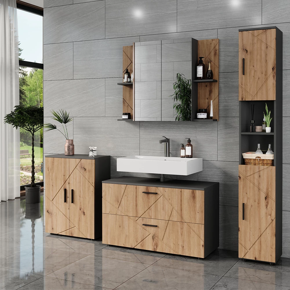 Badmöbel-Set in Anthrazit/Artisan, dargestellt im Ambiente mit Dekoration