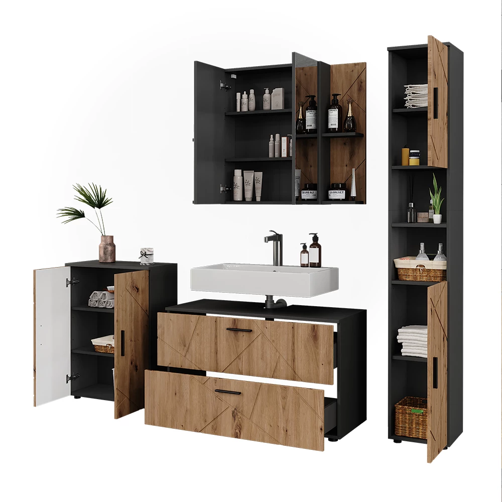 Badmöbel-Set in Anthrazit/Artisan auf weißem Hintergrund mit dekorativen Elementen